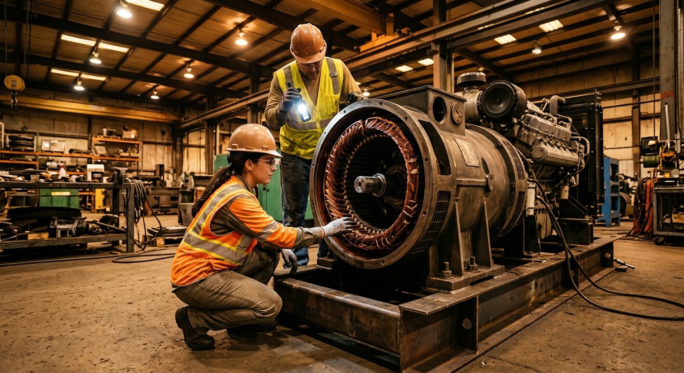 Two workers inspect the open stator and rotor assembly of a large generator end mounted on a steel skid inside an industrial