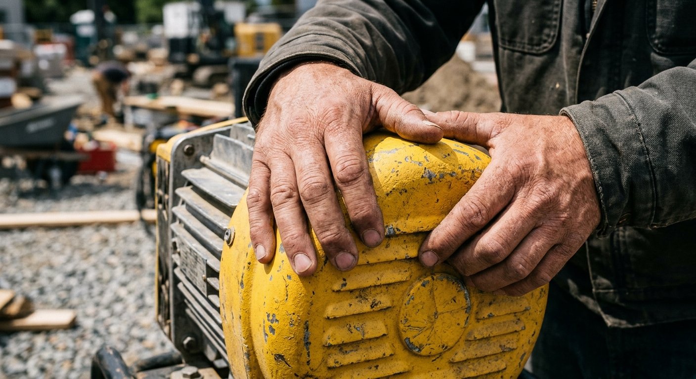 Weathered hands gripping the yellow aluminum end cap of a portable generator head outdoors on a gravel construction site