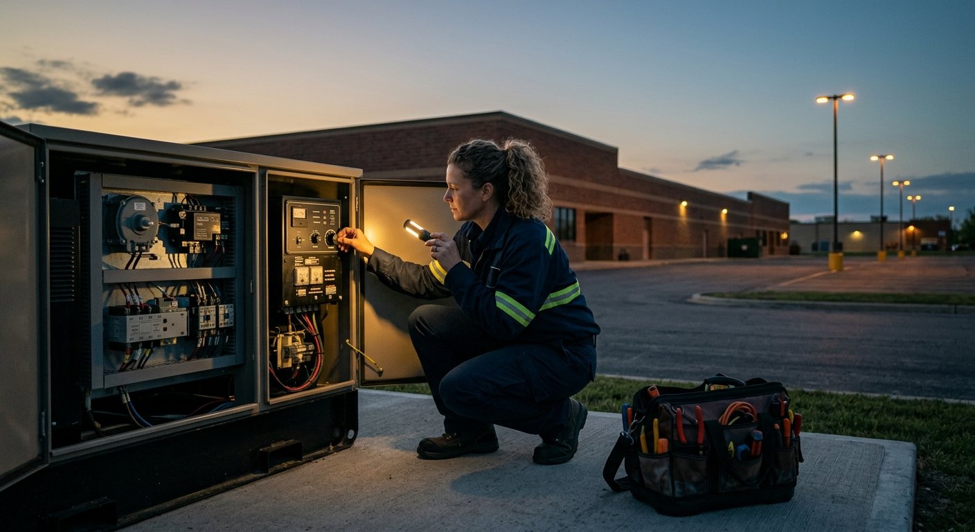 Technician crouching beside open outdoor generator enclosure inspecting controller panel at dusk, tool bag on concrete pad ne