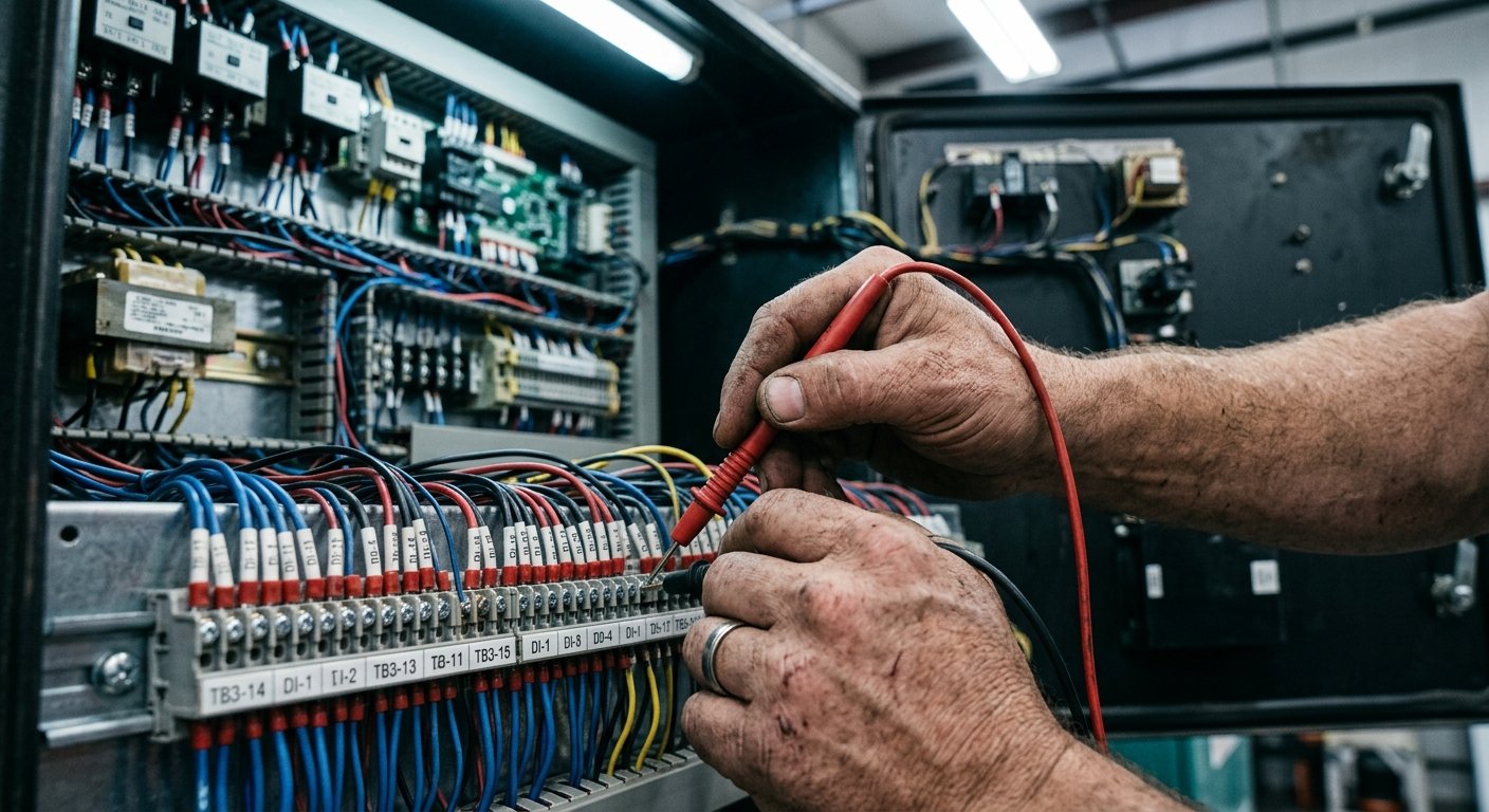 Close-up of hands probing a genset controller terminal strip with a multimeter inside an open metal control panel cabinet