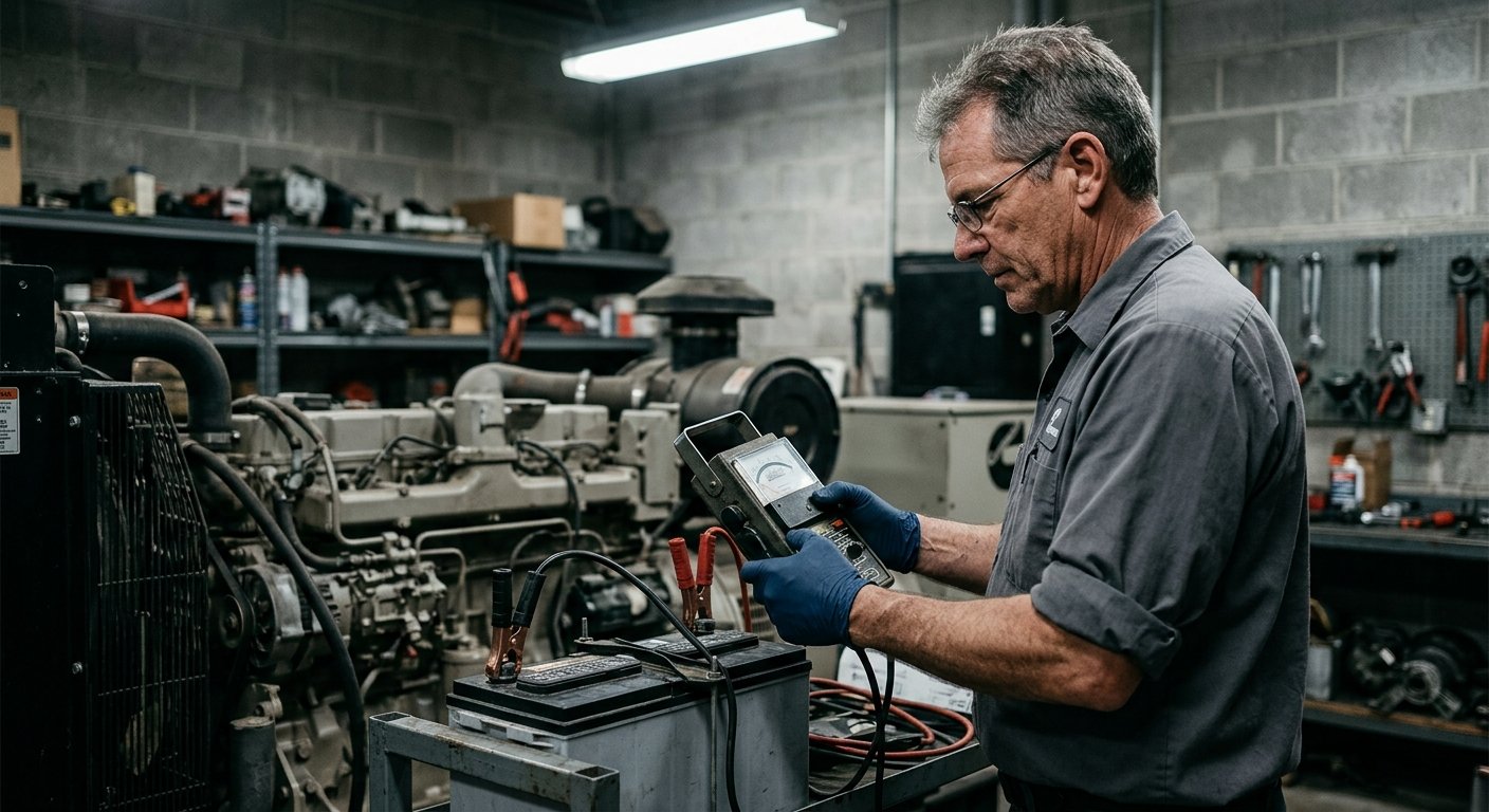 Older male technician in gloves using a battery load tester on a standby generator starting battery inside a dim utility room