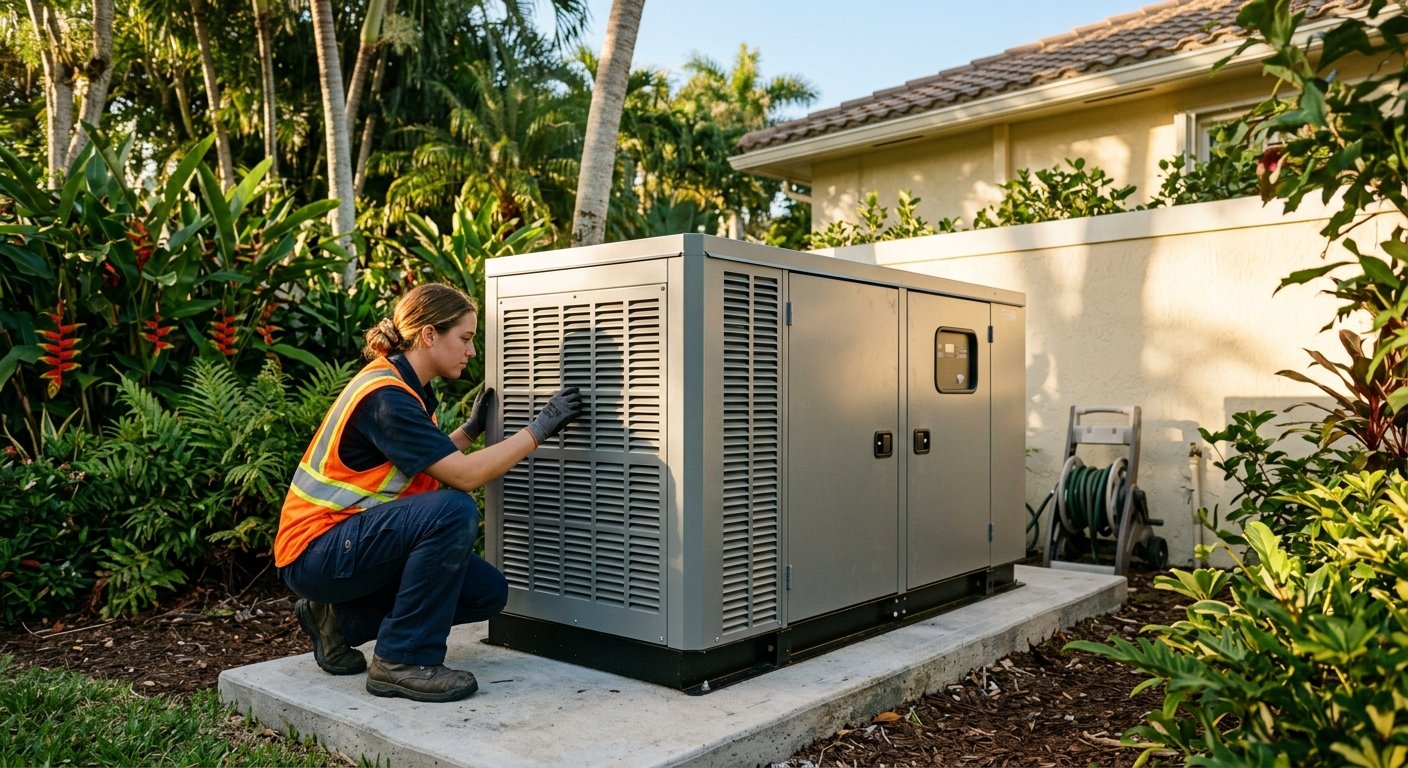 Technician crouching beside a large steel standby generator enclosure on a concrete pad in a tropical residential backyard.