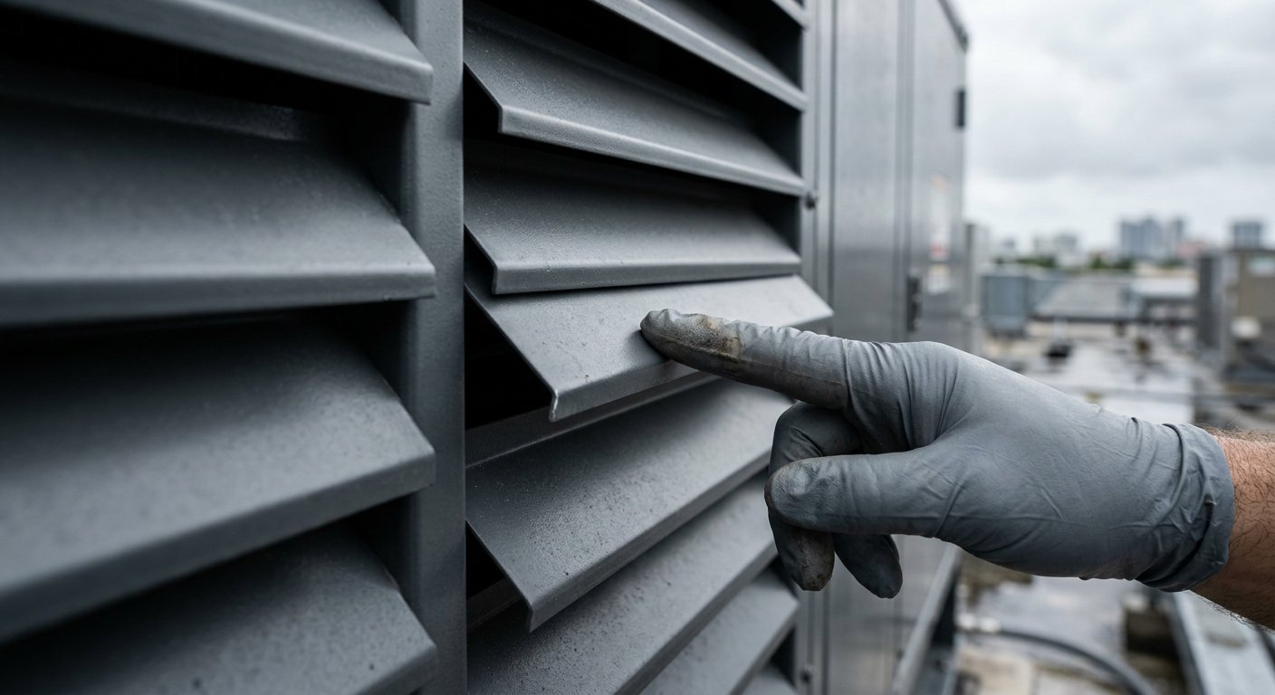 Gloved hand tracing the edge of powder-coated aluminum louvers on a steel generator enclosure, close-up detail