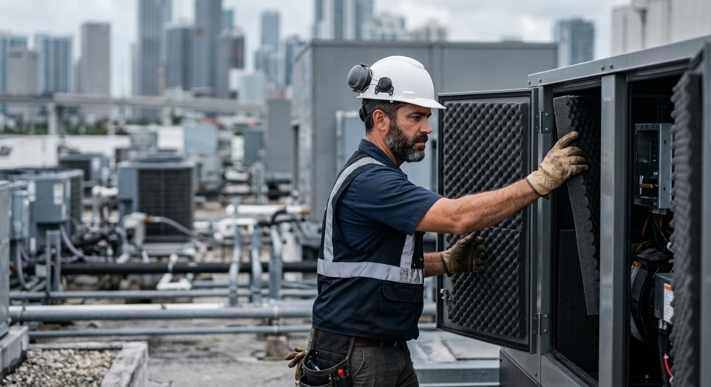 Male technician installing acoustic foam panel inside an open generator enclosure on a rooftop, city skyline softly blurred b