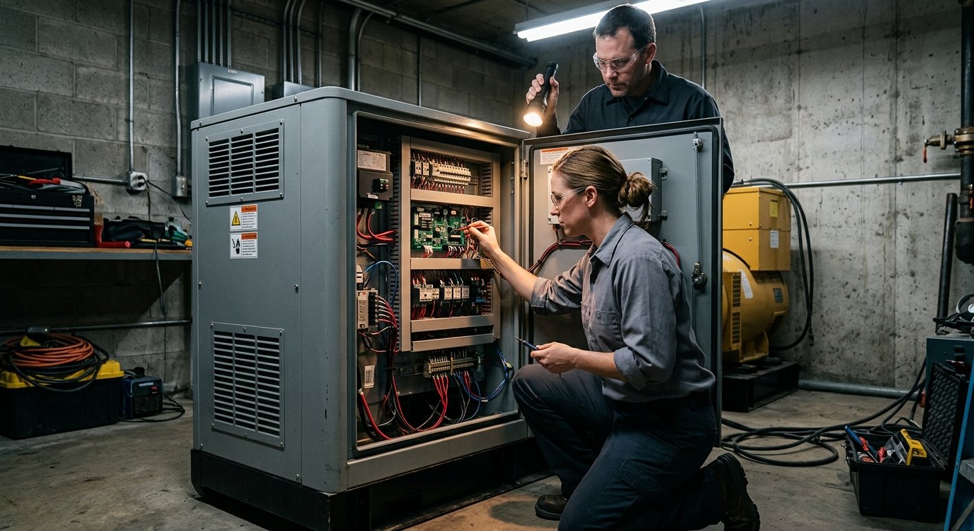 Technician kneeling to inspect a circuit board inside an open generator panel while a colleague holds a flashlight in a utili