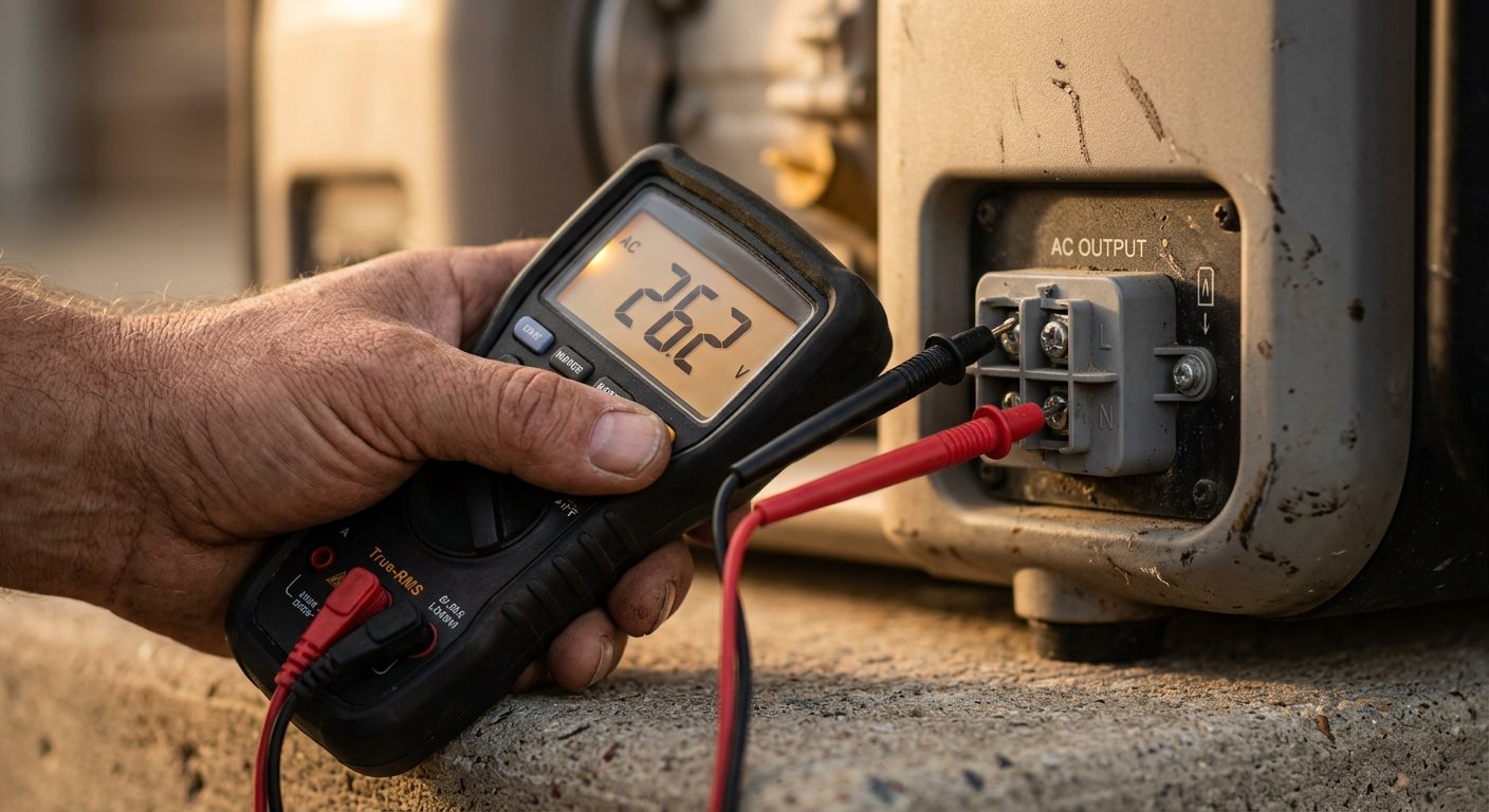 Close-up of a hand pressing multimeter probes to generator output terminals, digital display reading 262V in afternoon light.