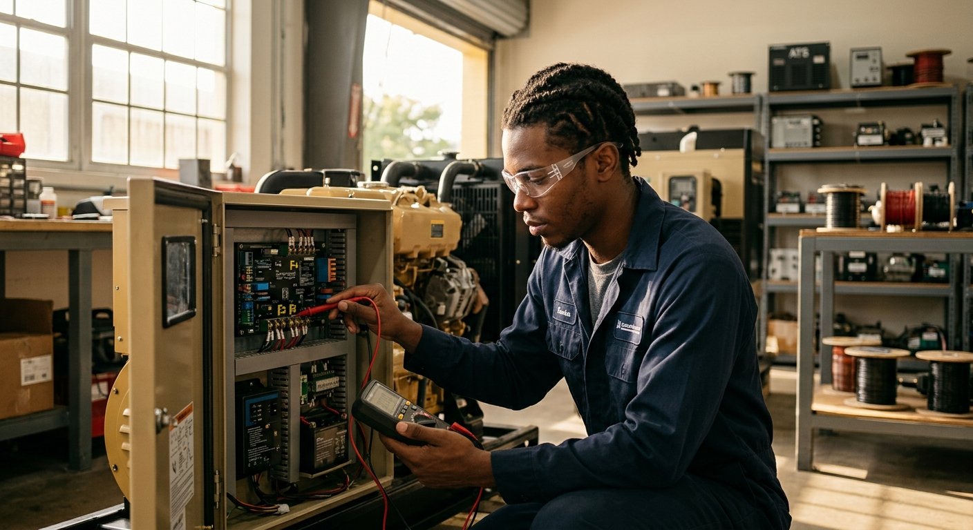 Male technician crouching at open generator control panel, measuring AVR excitation terminals with a digital multimeter in a 