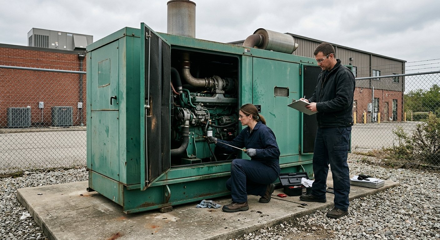 Two technicians performing maintenance checks on a large standby generator in an outdoor commercial building enclosure on an