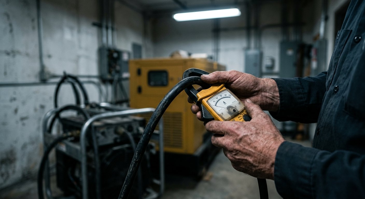 Close-up of hands holding a clamp meter around a load bank power cable during a generator load test in a utility room.
