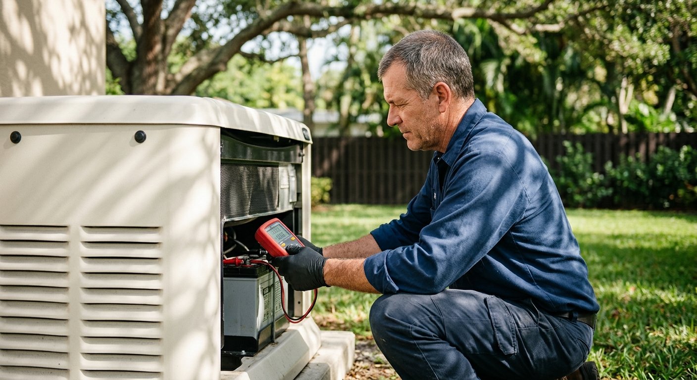 Man in navy shirt kneels beside a residential standby generator, pressing a battery load tester to its terminals in morning s