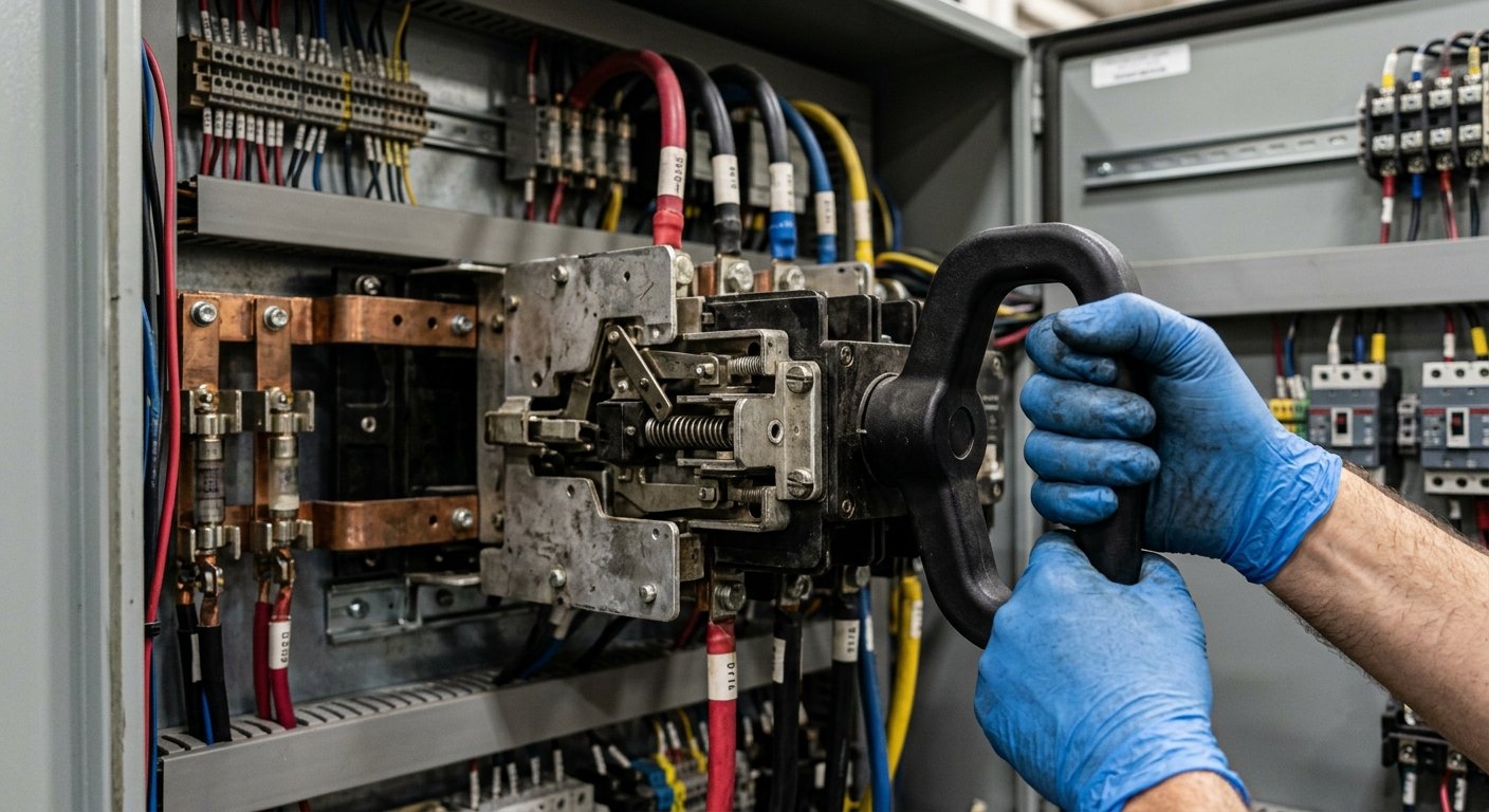 Gloved hands gripping a heavy contactor transfer switch handle inside an open industrial electrical panel with copper bus bar
