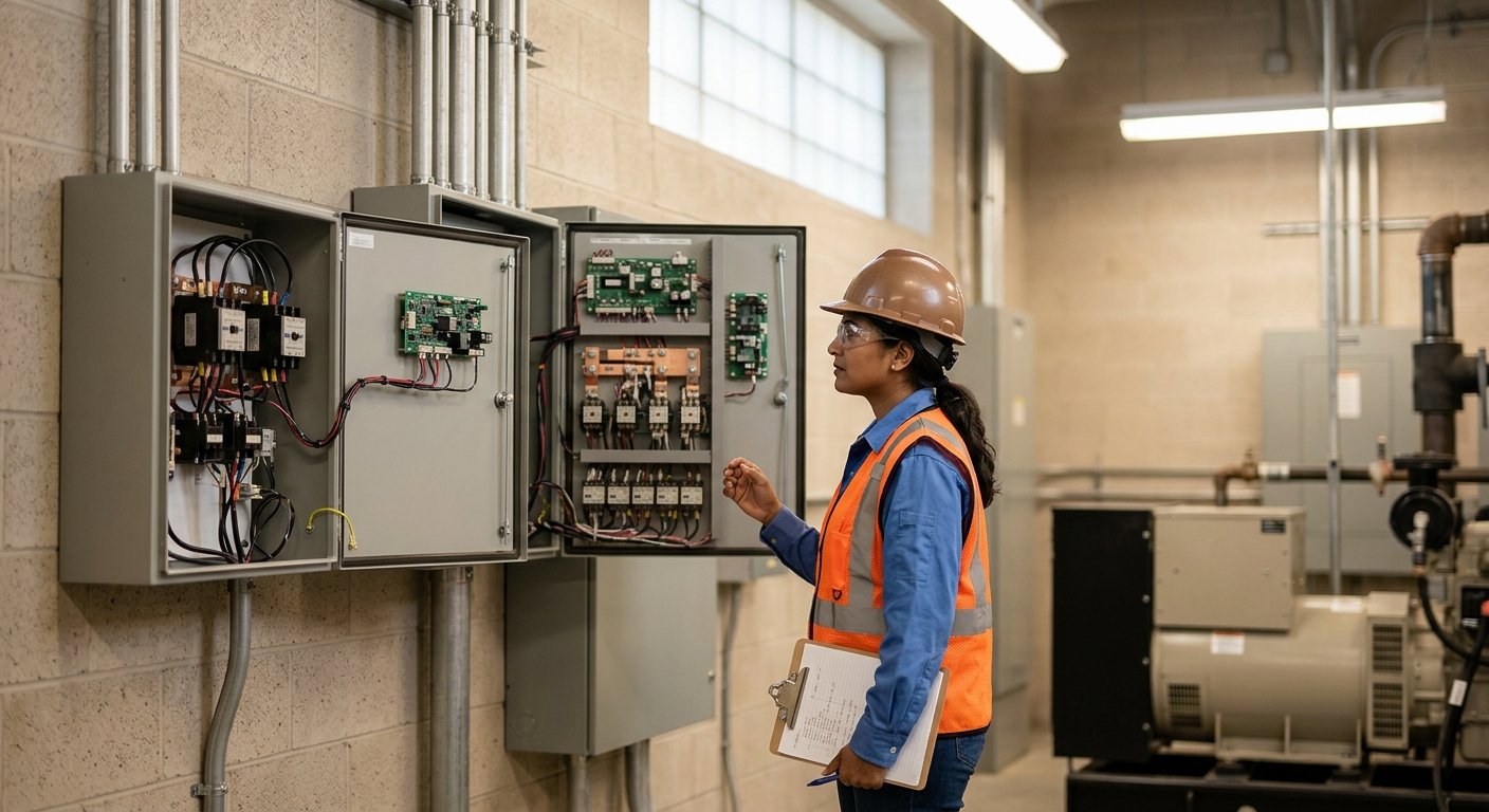 Engineer in hard hat comparing two different automatic transfer switch units mounted side by side on a mechanical room wall