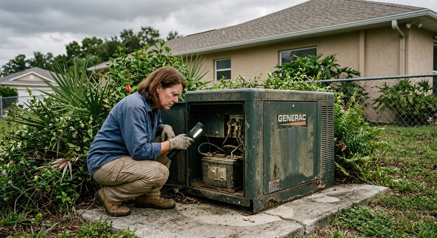 Woman crouching beside a dusty standby generator on a concrete pad in a Florida side yard, inspecting battery terminals with 