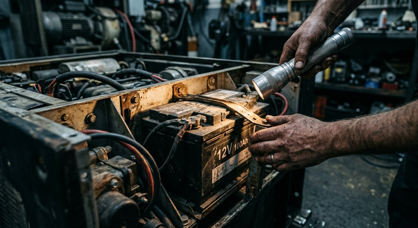 Hands holding a flashlight inside an open generator battery compartment, illuminating a voltage label on a large battery