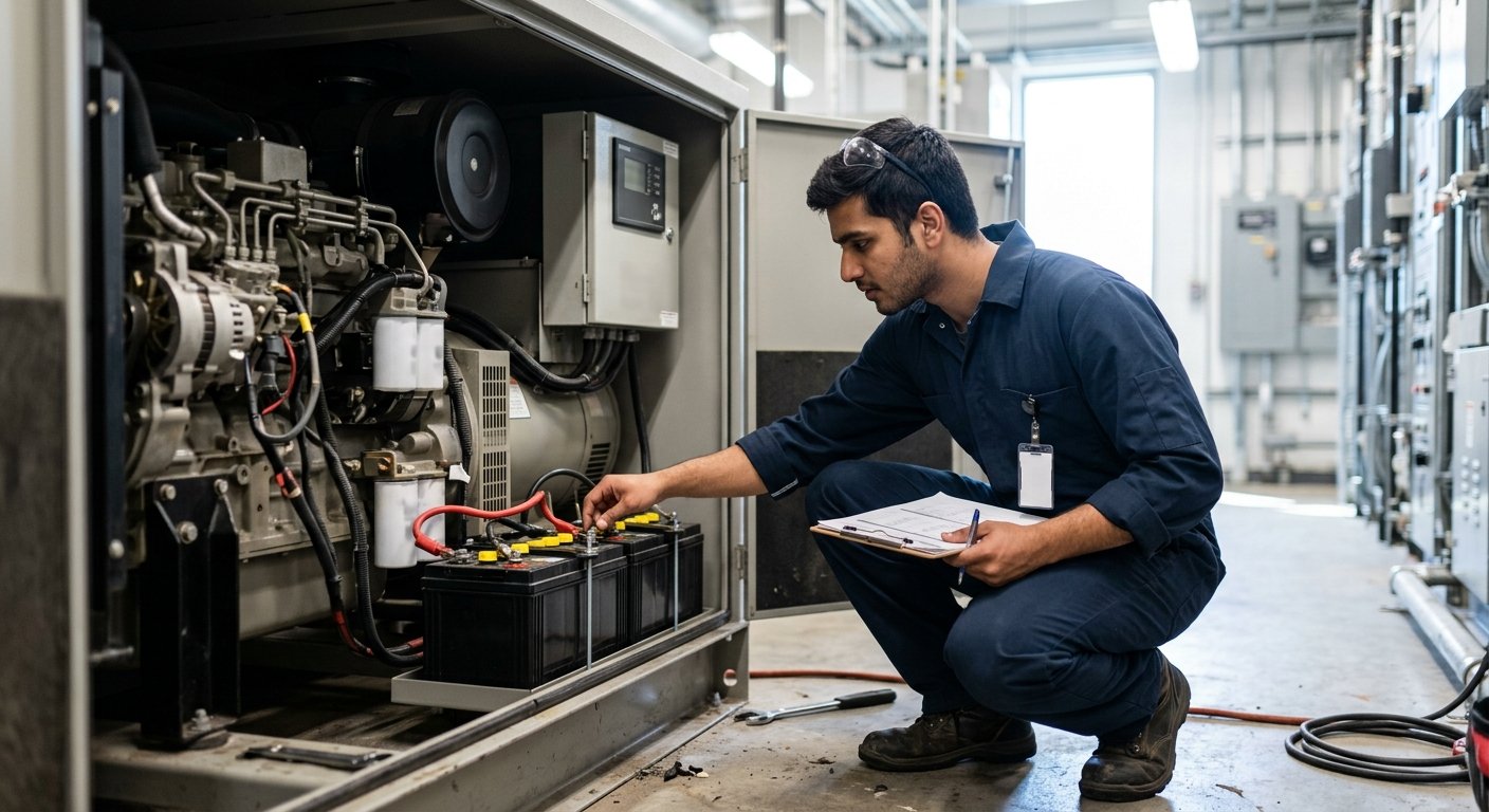 Young man in coverall examining two large batteries wired in series inside an open commercial generator cabinet