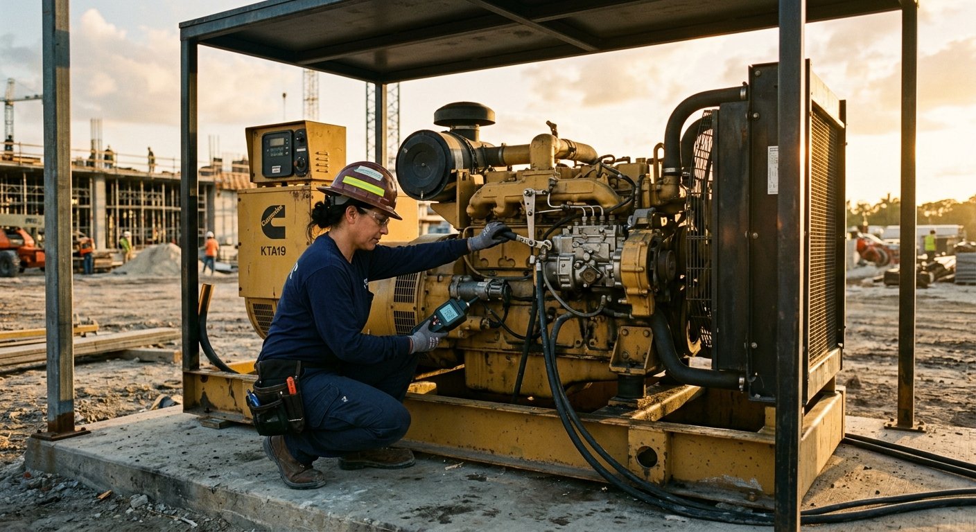 Female electrician crouching next to a large diesel generator outdoors, holding a tachometer near the engine governor linkage