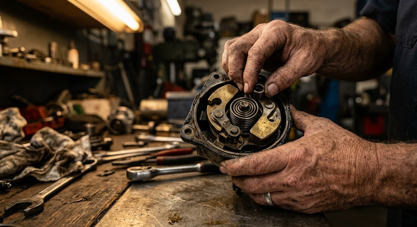 Weathered hands holding a disassembled mechanical governor showing brass flyweights and central spring on a steel workbench