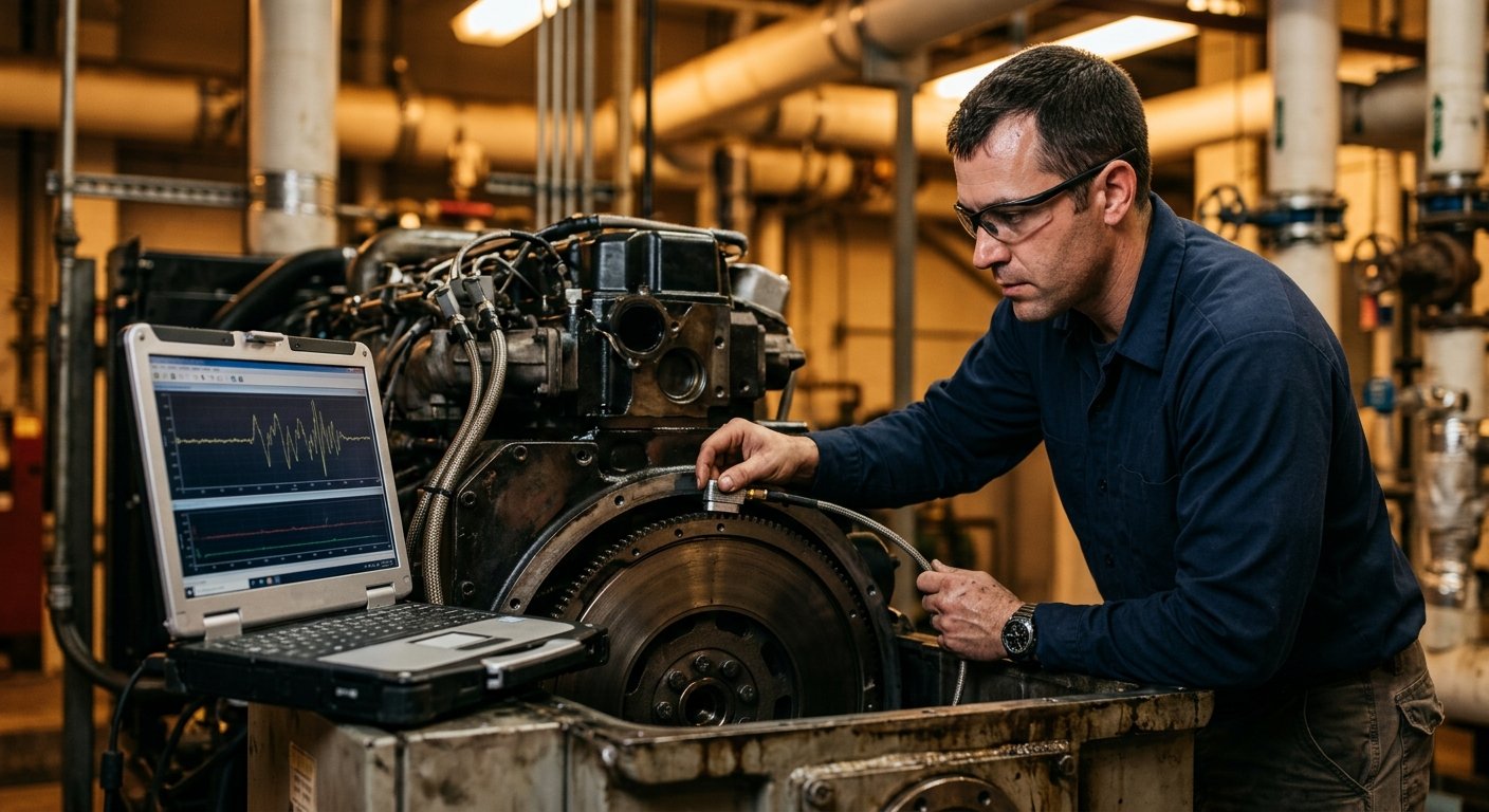 Technician installing a magnetic pickup sensor near a diesel engine flywheel inside an industrial plant room at evening