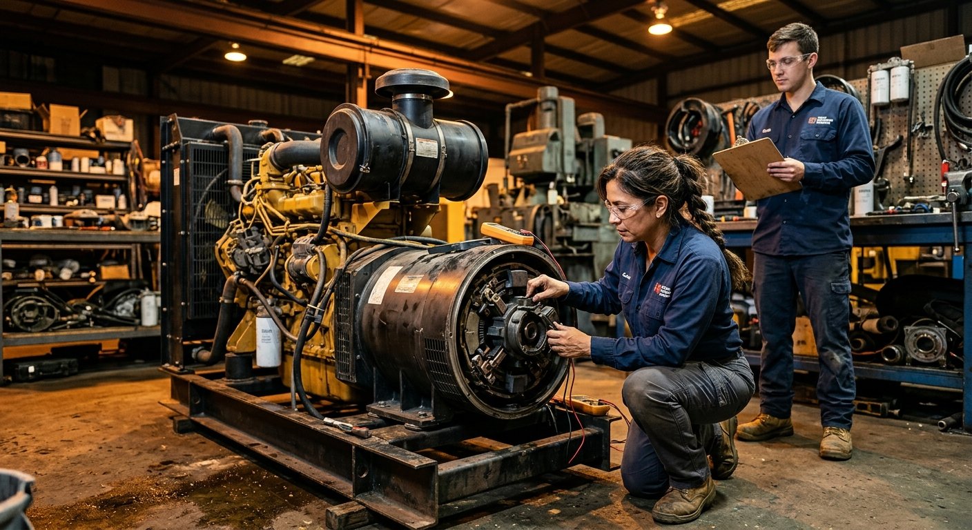 Electrician kneeling beside open diesel generator examining carbon brush assembly while colleague looks on in industrial work
