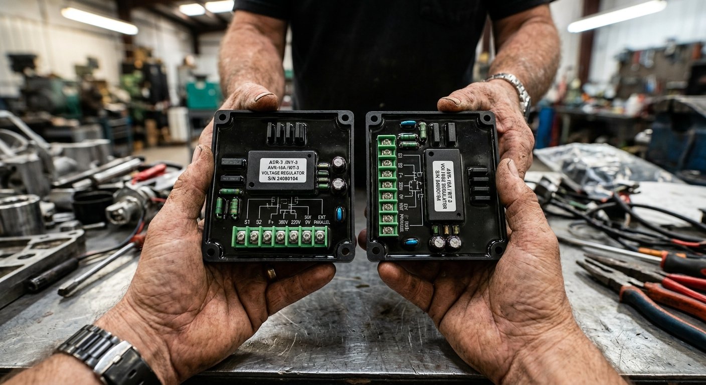 Two black voltage regulator modules held side by side in a technician's hands above a metal workbench