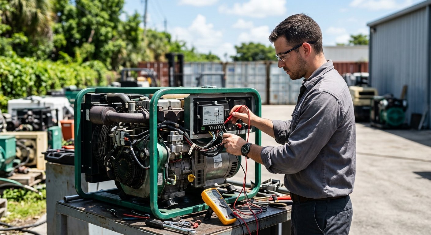 Young male engineer clips a multimeter probe to an AVR terminal on an outdoor generator in bright midday sunlight